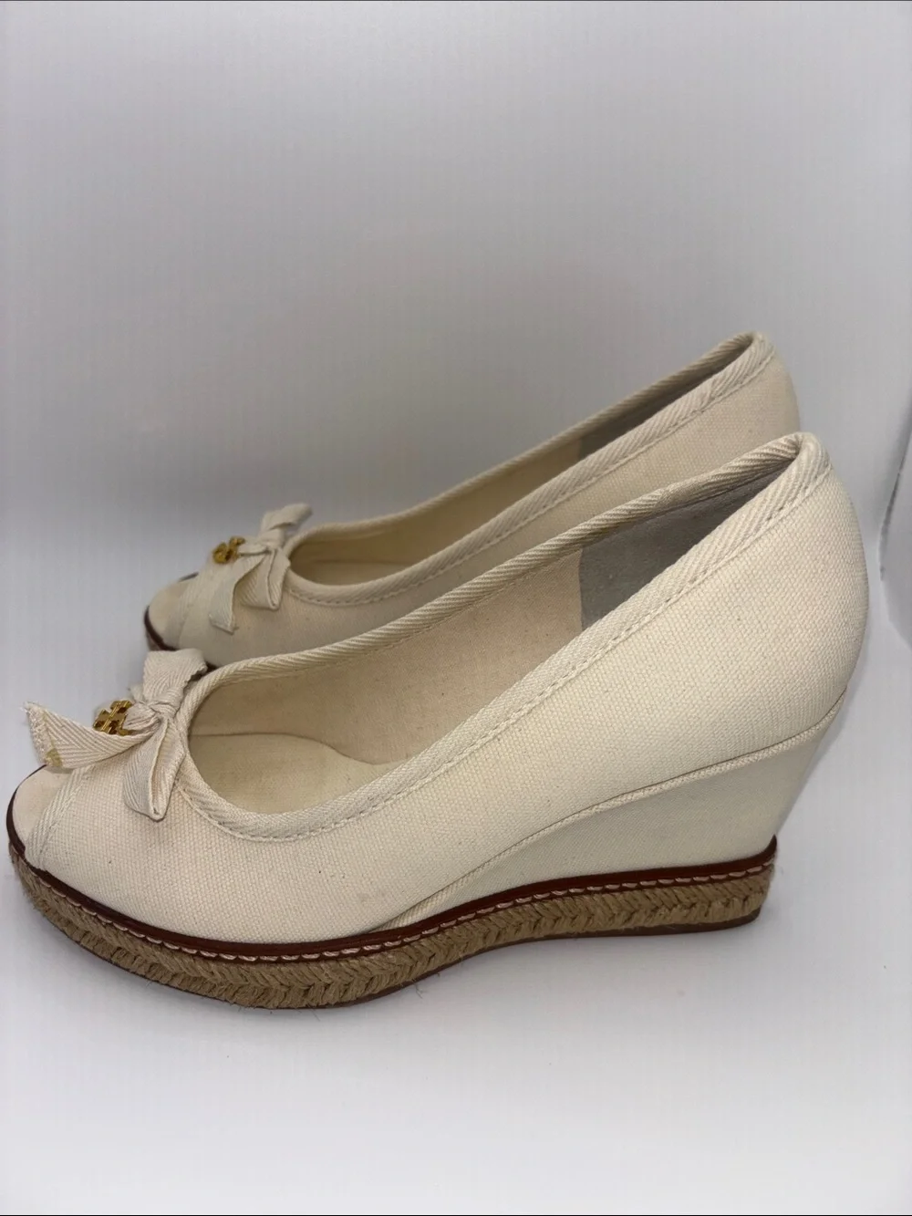 Tory Burch Cream Canvas Peep-Toe Espadrille Wedges with Gold Logo Charm